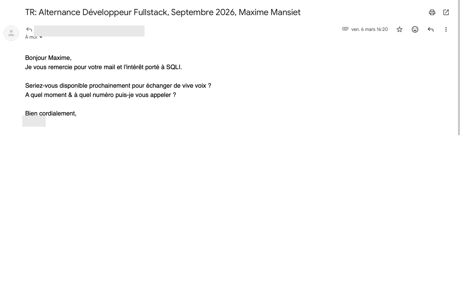 Email envoyé à SQLI pour Alternance Développeur Fullstack